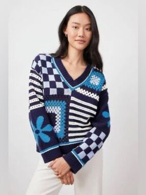 Rails Joni Blue Patchwork Crochet Knit Sweater XS Navy Checkered